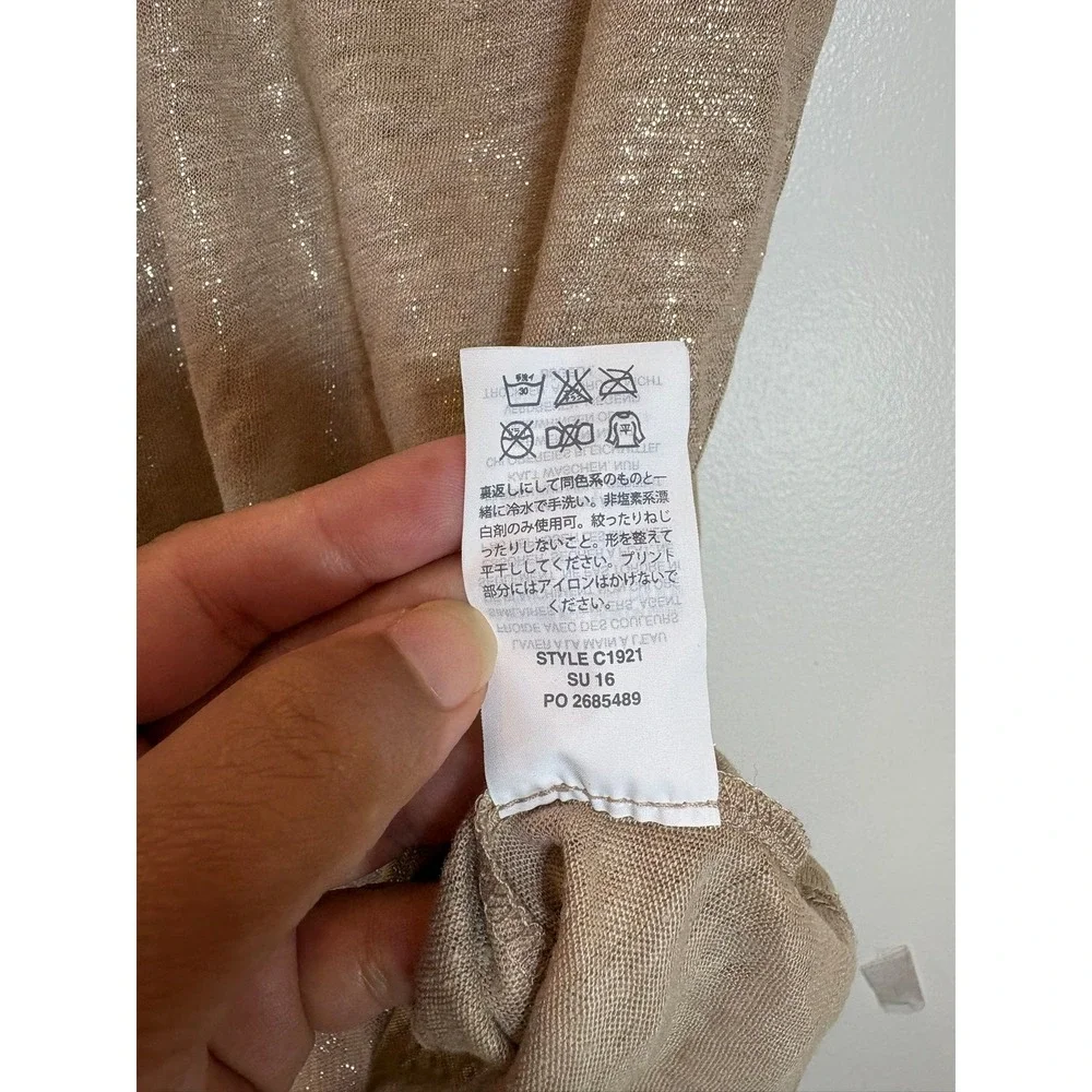 J.Crew Women Linen Metallic Gold  Tan Foil Pocket V-Neck Shirt Small Sheer Chic